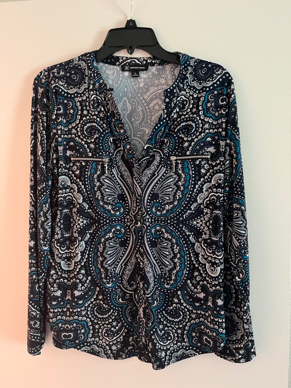INC International Concepts Navy Paisley Zip-Front Blouse with Teal Accents